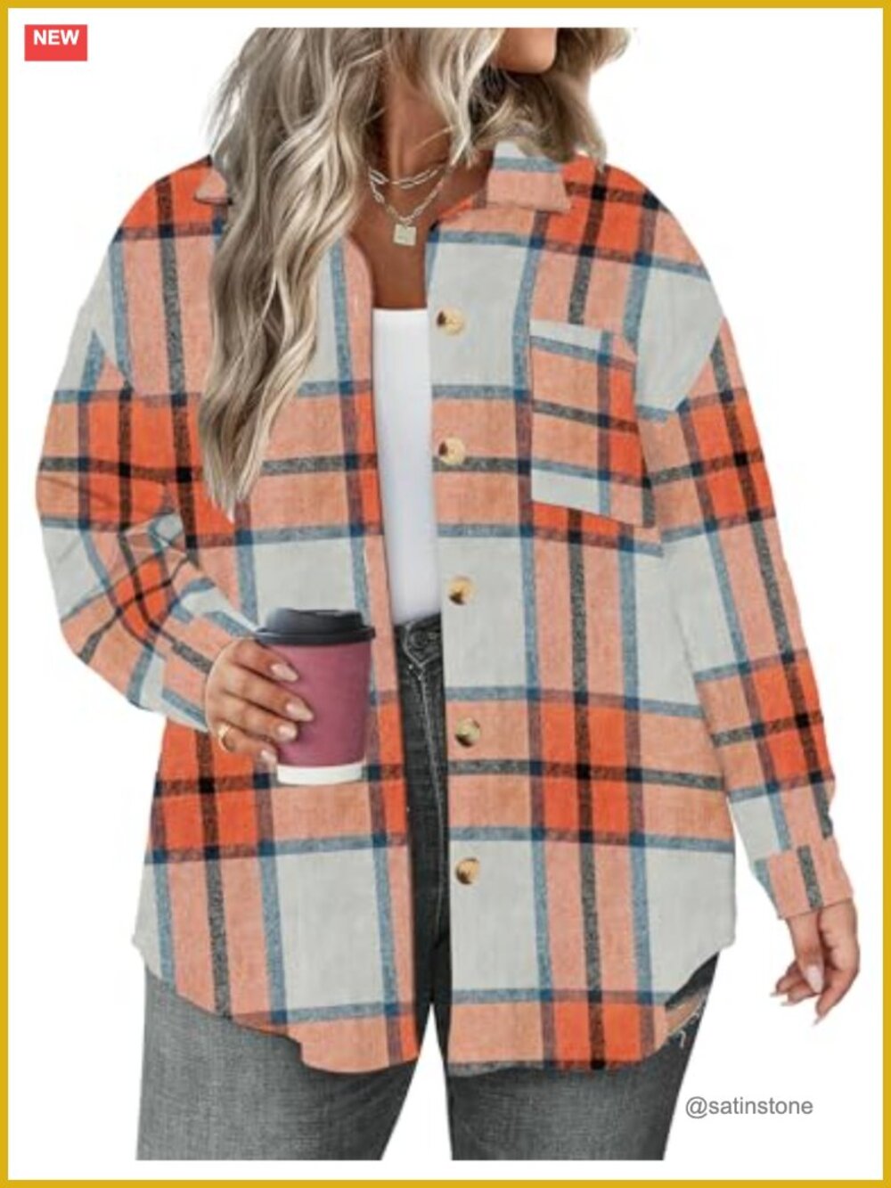 Women's Plus Size Plaid Shacket Long Sleeve Button Down Flannel Casual Coat